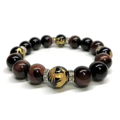 12mm 四神獣金彫オニキス×レッドタイガーアイ パワーストーン ブレスレット天然石  金運 ギャンブル運 お守り 青龍 白虎 玄武 朱雀 （シルバー）メンズ・レディース　男性・女性　数珠ブレス 開運 [15]