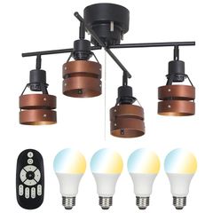 共同照明 シーリングライト 4灯 6畳 調光 調色 LED電球40W形付き ブラウン GT-DJX-2D-6WT-2 天井照明 スポットライト リモコン対応 プルスイッチ 北欧 ウッドリング おしゃれ 天然木 0