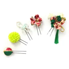 髪飾り ５点セット 緑 ピンク 成人式 花 つまみ細工 ちりめん 水引 和風 結婚式 浴衣 七五三 卒業式 入学式 ヘアアクセサリー 髪留め 日本製 送料無料 バレンタイン クリスマス 誕生日 グリーン W 48 323-266 u769　Si