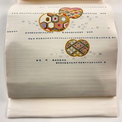 開き名古屋帯 秀品 夏帯 絽 団扇 亀甲 銀彩 クリーム 正絹 【中古】
