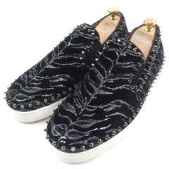 未使用品▼Christian Louboutin クリスチャンルブタン ローラーボート ベロア スパイク グリッター スリッポン レザースニーカー ブラック 43 保存袋付き イタリア製 メンズ
