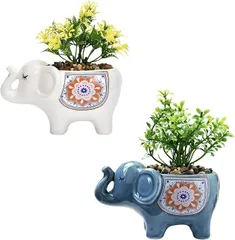 Maatsu 植木鉢 象 サボテン鉢 多肉植物 プランター 陶器 鉢カバー 観葉植物 小型植物用 窓飾り 置物(ホワイト、ブルー,  約13cmx8cmx7.7cm)