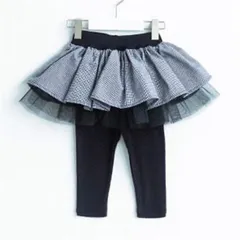 韓国子供服 ハーフレギンス付きチェックチュールスカート ウエストゴム レイヤード ミニスカート キッズ ボトムス ブラック