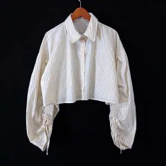 チャオパニック CIAOPANIC シャツ ブラウス ストライプ コットン ショート丈 ドロップショルダー リボン ギャザー 長袖 M 黄 イエロー オフ白 紺 ネイビー