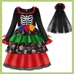 【在庫処分】シュガースカル コスプレ 子供 女の子 ハロウィン 仮装 鬼の花嫁 [ReliBeauty] ゾンビ ヴァンパイア キョンシー ゴースト メキシカンスカル コスチューム 衣装 セット ブラック