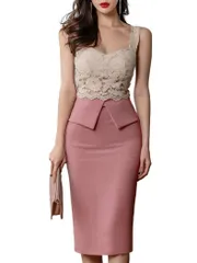 [ISLAYCAOLILA] キャバドレス ミニドレス クラブドレス パーティードレス ワンピース タイト ミディ ペプラム キャミソール レース シースルー ノースリーブ ウエストマーク ひざ丈 レディース D81 チェリア(ピンク, S)