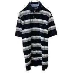 TOMMY HILFIGER 半袖ポロシャツ M ブラック×グレー×ホワイト ボーダー柄 トミーヒルフィガー 刺繍ロゴ 古着卸 アメリカ仕入 a707-5159