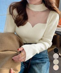 セクシー シースルーデザイン 長袖ニットトップス プチハイネック レディース