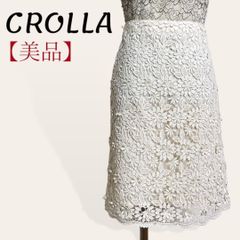 ❤️美品 クローラ オフホワイト コットン フラワー ボタニカル柄 総レースひざ丈タイトスカート 38・M レディース 3980