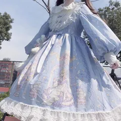 ロリータ ワンピース ドレス Lサイズ 長袖 水色 天使 イラスト リボン フリル ゆめかわ 姫系 ゆったり マタニティ海外ロリータ 地雷系 天使界隈 量産型 お姫 プリンセス お茶会 おでかけ 写真撮影 春 アリス コスプレ ハロウィーン