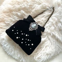 パールが可愛いブラックリボンのがまぐちバッグ