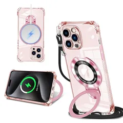 iPhone 15 Pro Max 用 ケース クリア MagSafe対応 リング付き ネック ショルダー アイフォン15pro max 縄掛けケース 透明 肩掛け 斜めかけ 韓国 可愛い 縄掛け カバー 丸型スタンド付き マグネット搭載 縦横両対応 耐衝 1