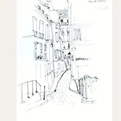 絵画 かじうめちえこ 原画 パリ 路地裏 街角 スケッチ 風景画 水彩画 おしゃれ絵画 おしゃれイラスト イラスト 手描きイラスト 線画 ドローイング ペン画 鉛筆画