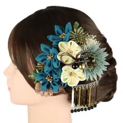 髪飾り 成人式 水引 つまみ細工 菱つまみ ビラ簪 青 ターコイズ 振袖 前撮り 袴 青緑 白 ゴールド 大きい 小さい 2点セット 着 No.9-5489