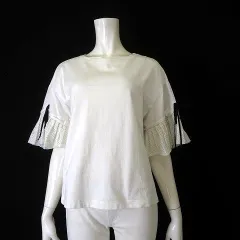ミュベールワーク MUVEIL WORK トップス カットソー 異素材 切替 メッシュ リボン ドロップショルダー 5分袖 半袖 M 38 白 ホワイトのサムネイル