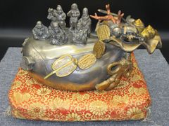 ☆特注品 銅製 七福神 寶船 寶巾着 開運 家宝招来 縁起物 置物 アンティーク