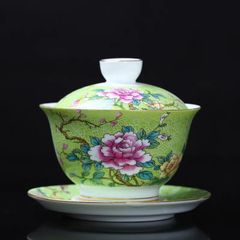 蓋付き茶碗、セット 緑地牡丹柄 茶器
