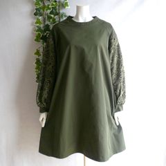 新品 9857 ML クロシェ刺繍レース袖 チュニック ワンピース カーキ 秋 冬 レディース Aライン 高級感 上質 上品 50代 60代 70代
