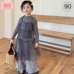 最終SALE 20%割引対象  韓国子供服　海外　子供服　 ベビー キッズ 無地 長袖 インナー シャツ＆レース ワンピース シアー　レース　90cm