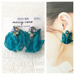 【28】スワロフスキー　ビジューピアス　エメラルドグリーン　シフォン　フラワー　ハンドメイドアクセサリー