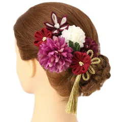 髪飾り 成人式 つまみ細工 赤 振袖 前撮り 袴 浴衣 夏祭り 花火大会 6点セット 紫 房付き かんざし 和柄 ちりめん 古典 レトロ No.9-4002