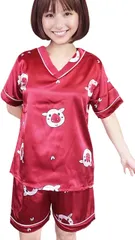 Sweet Baku SweetBaku レディースルームウエア パジャマ 部屋着 半袖 Vネック ショートパンツ 上下セット(赤ブタ,  XS Regular)