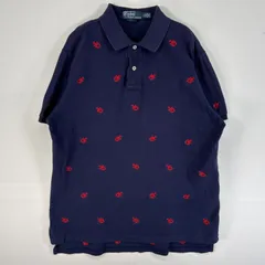 古着 90's/90年代 ポロバイラルフローレン Polo by Ralph Lauren 鹿の子 半袖 ポロシャツ ロブスターパターン 刺繍 2ボタン CUSTOM FIT L  ネイビー 総柄 メンズ