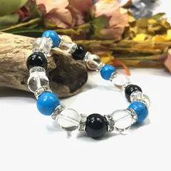 ターコイズ×水晶×オニキス パワーストーン ブレスレット 10mm（シルバー）メンズ・レディース 男性・女性 数珠ブレス 開運  [3]