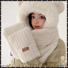 곰 귀 니트 모자 머플러 장갑 일체형 푹신푹신 모자 따뜻한 넥 워머 후드 첨부 머플러 가을 겨울 동물 귀 봉제 인형 모자 야외 추위 대책 방풍 방한 보온 장갑 귀여운 니트 보시 모코모코 모자 한국풍