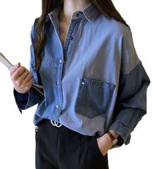 ネイビー_L セカンドルーツ シャツ デニム カジュアル トップス 長袖 ブラウス ストライプ 切り替え ワンポイント ポケット付き えりつき 襟 デニムシャツ おしゃれシャツ フォーマルシャツ おしゃれ オシャレ 胸ポケットぽっけ ポケット ぽけっと ながそ