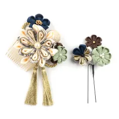 髪飾り 成人式 つまみ細工 振袖 前撮り 袴 花 2点セット 生成り オフホワイト 渋緑 カーキ 紺 ゴールド ちりめん 剣つまみ 組 No.12-0347