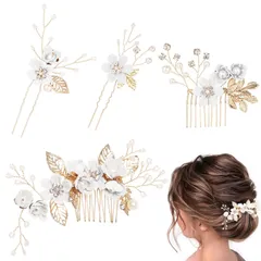 【新着商品】ヘアコーム ヘッドドレス ヘアアクセサリー パール 花 4点セット 和装髪飾り 造花飾り 成人式 七五三 披露宴 髪飾り パーティー 入学式 (White)