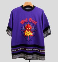 メンズ古着　NEWYORK CLUB　ワイルドデビル　半袖シャツ　紫　 LA（約Ｌサイズ）　ポリエステル　やや薄手　ニューヨーククラブ　Wild Devil　パープル