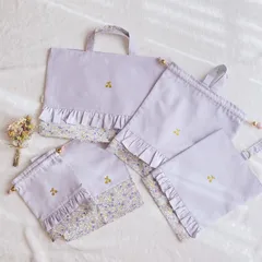 パープル　5点セット✩入園入学グッズ　紫　リバティ風　花柄　レッスンバッグ　シューズ袋　給食袋　ランチョンマット　お着替え袋