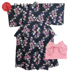 【中古】 浴衣 セット 作り帯 綿 ポリエステル ネイビー ピンク ラメ入り リボン 桜柄 和装 呉服 和服 きもの レディース 女性