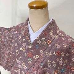 小紋 単衣 洗える着物 裄63cm 身丈159cm 花柄 お洒落着 普段着 ポリエステル ピンク 美品 S サイズ 3880