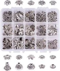 PH PandaHall 約300個/箱 合金 ビーズキャップ 花座 座金 菊座 花型 透かしキャップ 透かしパーツ スペーサービーズ フラワー チャーム アクセサリーパーツ ジュエリー用 手芸用品 手作り素材( 銀古美)