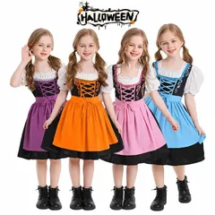 ハロウィン衣装 ビールガール 即購入OK ドイツ キッズ ワンピース エプロン 女の子 子供 メイド服 コスプレ 衣装 仮装 可愛い メイド バルーンスリーブ ビール祭り Aライン ドレス 4色 膝丈 半袖 お姫様 変xiaokb384