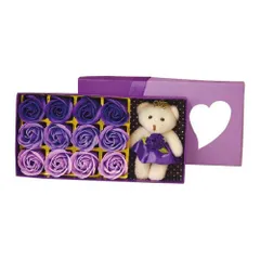 新品 ポピー名古屋 ソープフラワー シャボンフラワー 造花 ギフト プレゼント 12輪ブーケボックス バラ ボックス 約23.5cm ぬいぐるみ入り S-087 パープル