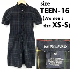 RALPH LAUREN★半袖/フリル/シャツワンピース【TEEN16（成人XS-S程度/紺系チェック柄/ミニ丈】春夏/dress/Tops/Shirts◆zBH791<sale>