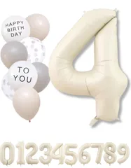 【在庫処分】ベージュ バルーン 大きい 誕生日 数字 風船セット くすみ ナンバーバルーン Kissa アイボリー バースデー デコレーション La (4 くすみホワイト)