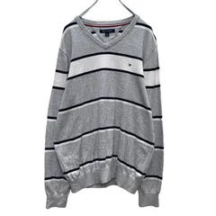 TOMMY HILFIGER コットン ニット セーター M グレー ホワイト ネイビー ボーダー トミーヒルフィガー 古着卸 アメリカ仕入 a504-5236