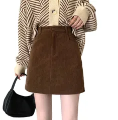 ミニスカート コーデュロイ カジュアル 台形 スカート Aライン 膝上 ミニ 丈 シンプル ハイウエスト 2カラー タイト スカート ショート 丈 無地 ファスナー 可愛い ひざ丈 ひざ上 黒 茶 色 ブラック ブラウン レディース 春  [ブラウン] [M]