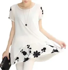 [aspersio] (アスペルシオ) レディース シンプル レイヤード 花柄 シースルー チュニック 重ね着 風 半袖 フリル トップス ティアード カフスリーブ シフォン フラウンス ラッフル ストレート フラワー はながら 刺繍  [ホワイト] [XL]