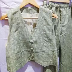 ② [Remake] Vintage Fabric Set-up, Green, Light Green, Chinese Style, Samue, Pajamas, Vest, Waistcoat, Pants, Trousers, Kimono Fabric, Haori, Handmade, Antique, Vintage, Japanese Clothing, Kimono, Handmade, Showa Era, Retro, Women's Clothing, One-of-a-kind, JAPAN, Japan, Tatami, Twelve-layered Kimono
