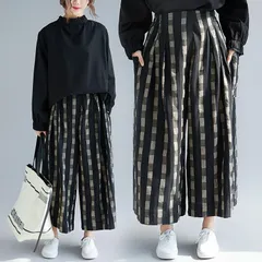 ワイドパンツ レディース チェック 秋 リネン風 パンツ ガウチョパンツ 春 秋 夏 大きいサイズ ウエストゴム ハイウエスト 着痩せ 体型カバー ゆったり 美脚 chaoliu250
