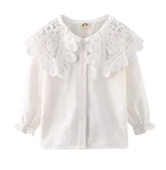 新品　長袖 レース襟ブラウス フォーマル シャツ 丸衿 白ブラウス 無地 女の子 タイプ ジュニア 子供服 トップス 結婚式 発表会 [YUEGUANG] 卒業式 入学式
