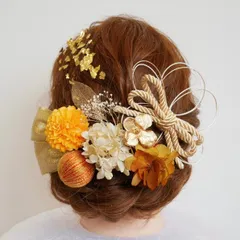 S8 金箔付き ダブルリボンとドライフラワーの髪飾り オレンジ