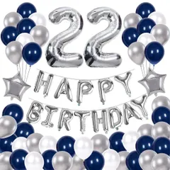 【人気商品】BIRTHDAY」バナー 「HAPPY ブルー 組み合わせ シルバー 数字バルーン 風船 セット 誕生日 誕生日 デコレーション 飾り付け 男の子 22歳 女の子 68枚 飾り付け
