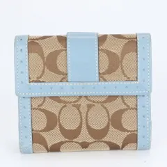 コーチ シグネチャー キャンバス レザー 二つ折り 財布 長財布 三つ折り コンパクト ウォレット ベージュ レディース RUE CF10-9【中古】